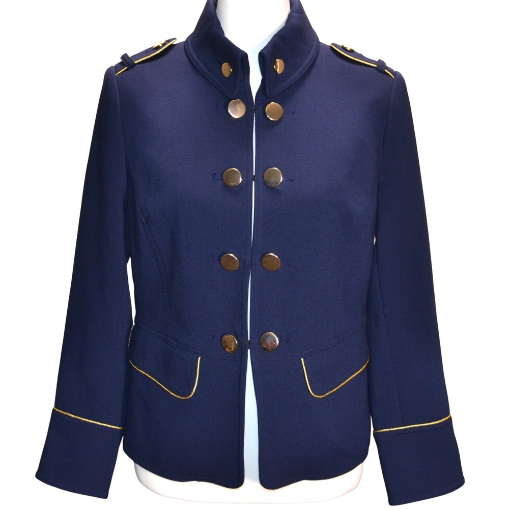 Chico's Blazer Women 0 Petite Navy Blue Gold Professional Office Military Band